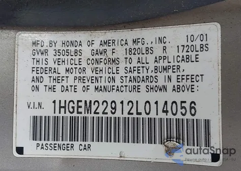 2002 Honda Civic Ex z USA, uszkodzony, nr VIN 1HGEM22912L014056